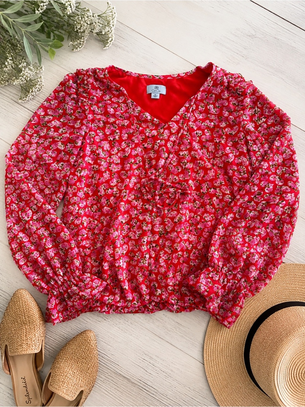 CeCe Red & Pink Floral V-Neck Tie-Front Blouse | Size Medium